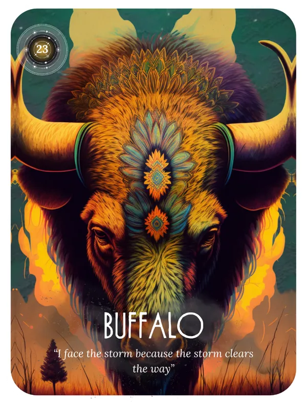 Buffalo oracle card featuring a powerful bison with sacred geometry