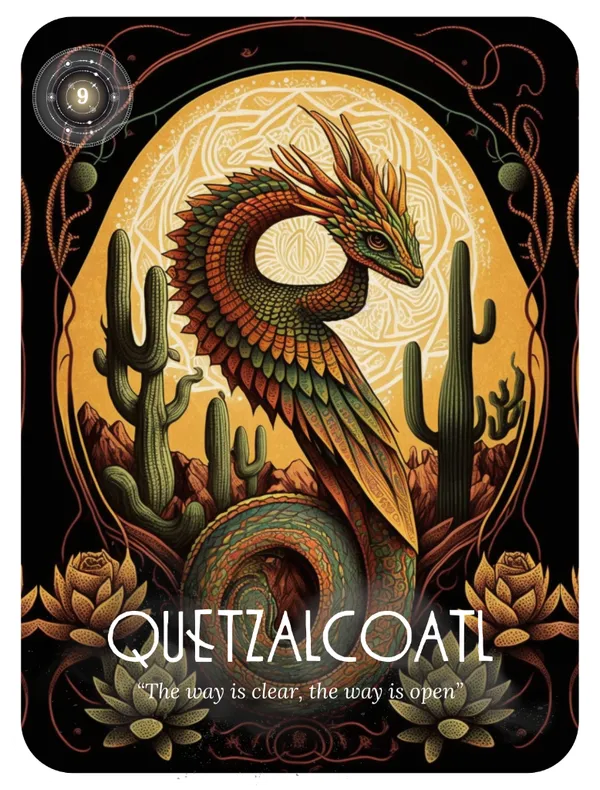 Quetzalcoatl oracle card featuring a mystical feathered serpent