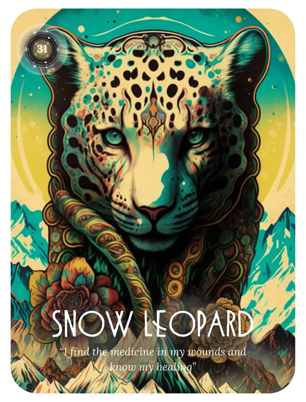 Snow Leopard oracle card featuring a majestic big cat with mountains