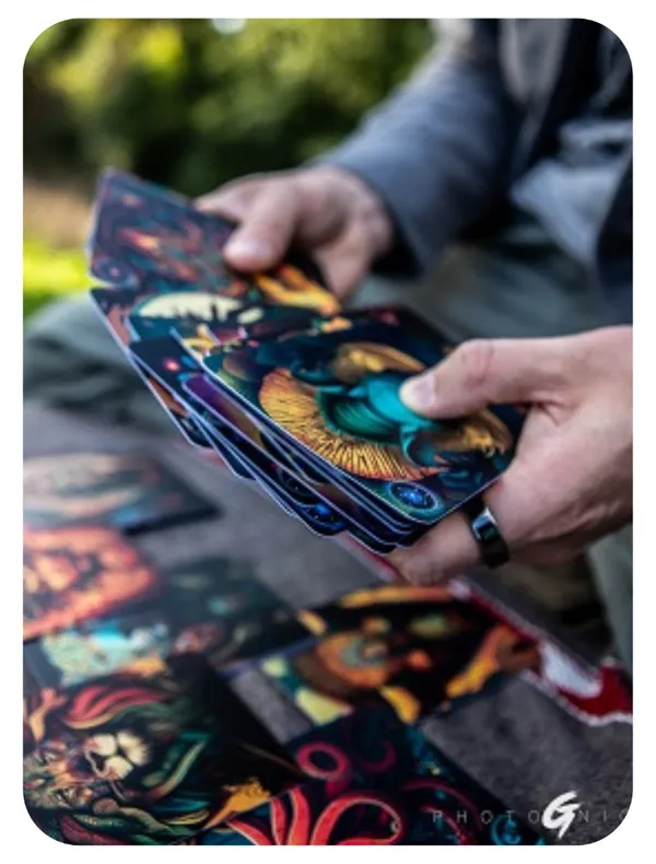 Hands holding Spirit Medicine oracle cards outdoors