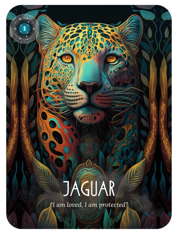 Jaguar oracle card with vibrant teal and gold mystical big cat