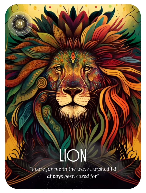 Lion oracle card with colorful flowing mane