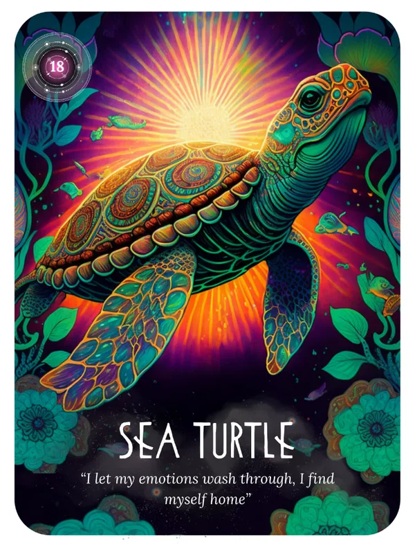 Sea Turtle oracle card with radiant sun and ocean colors
