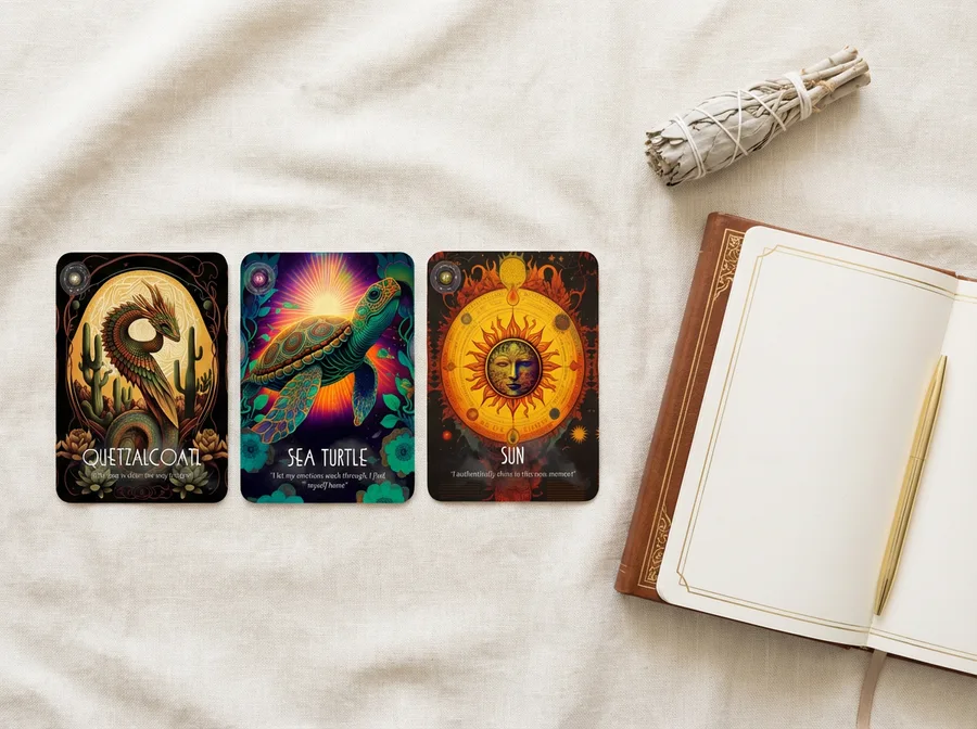 Spirit Medicine Oracle cards spread on cream linen fabric with journal, pen, and white sage smudge