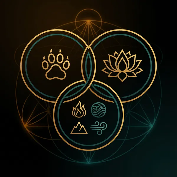 Visual diagram showing three converging domains: Animal Spirits, Chakras, and Ceremonial activations forming the Spirit Medicine system